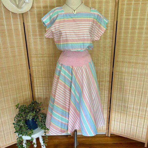 Vintage Pastel Rainbow Striped Midi Dress With Elastic Waist & Button Details - Picture 1 of 7